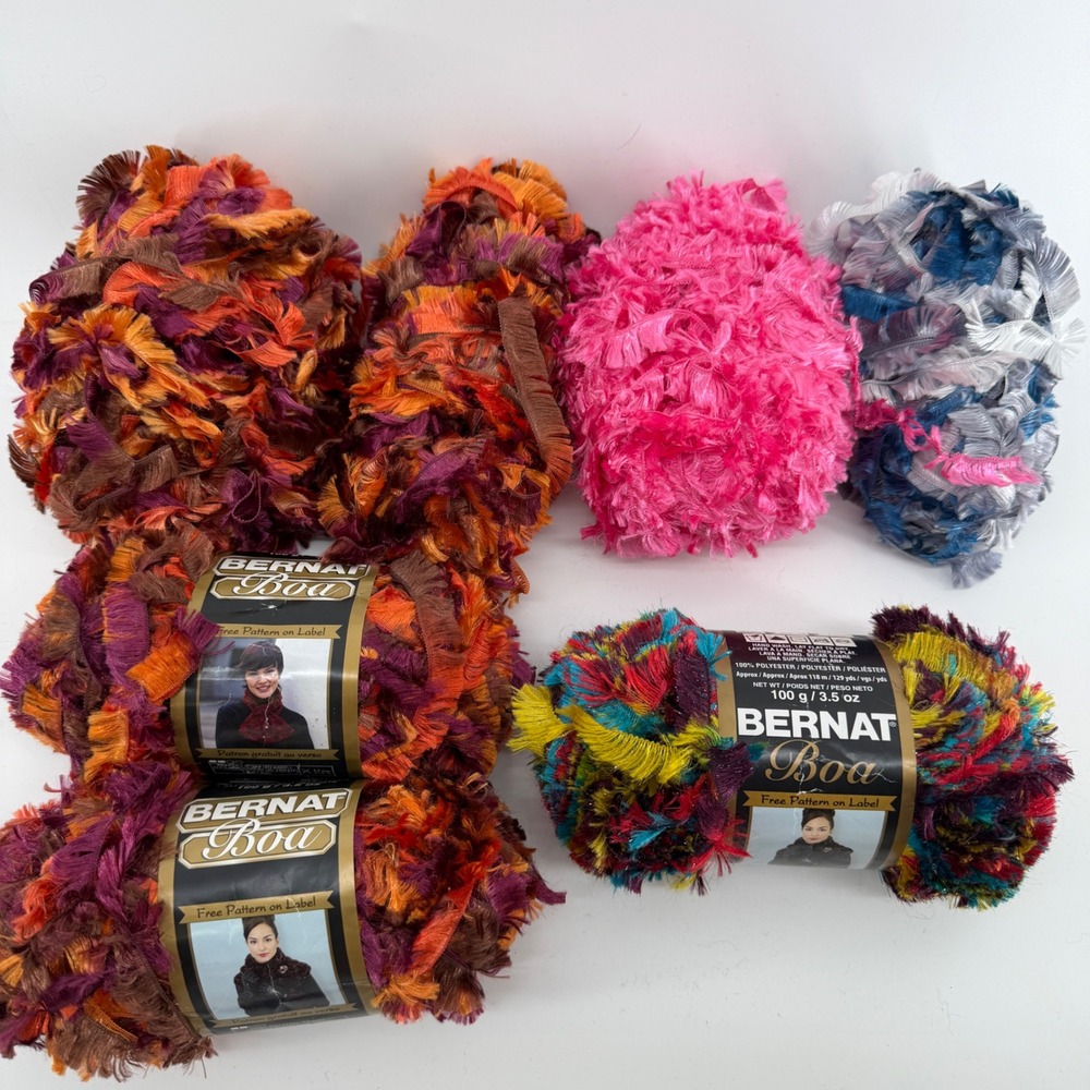 Bernat Boa Eyelash Yarn Lot 6 Skeins Orange Burgundy Pink Multi Bulky Weight